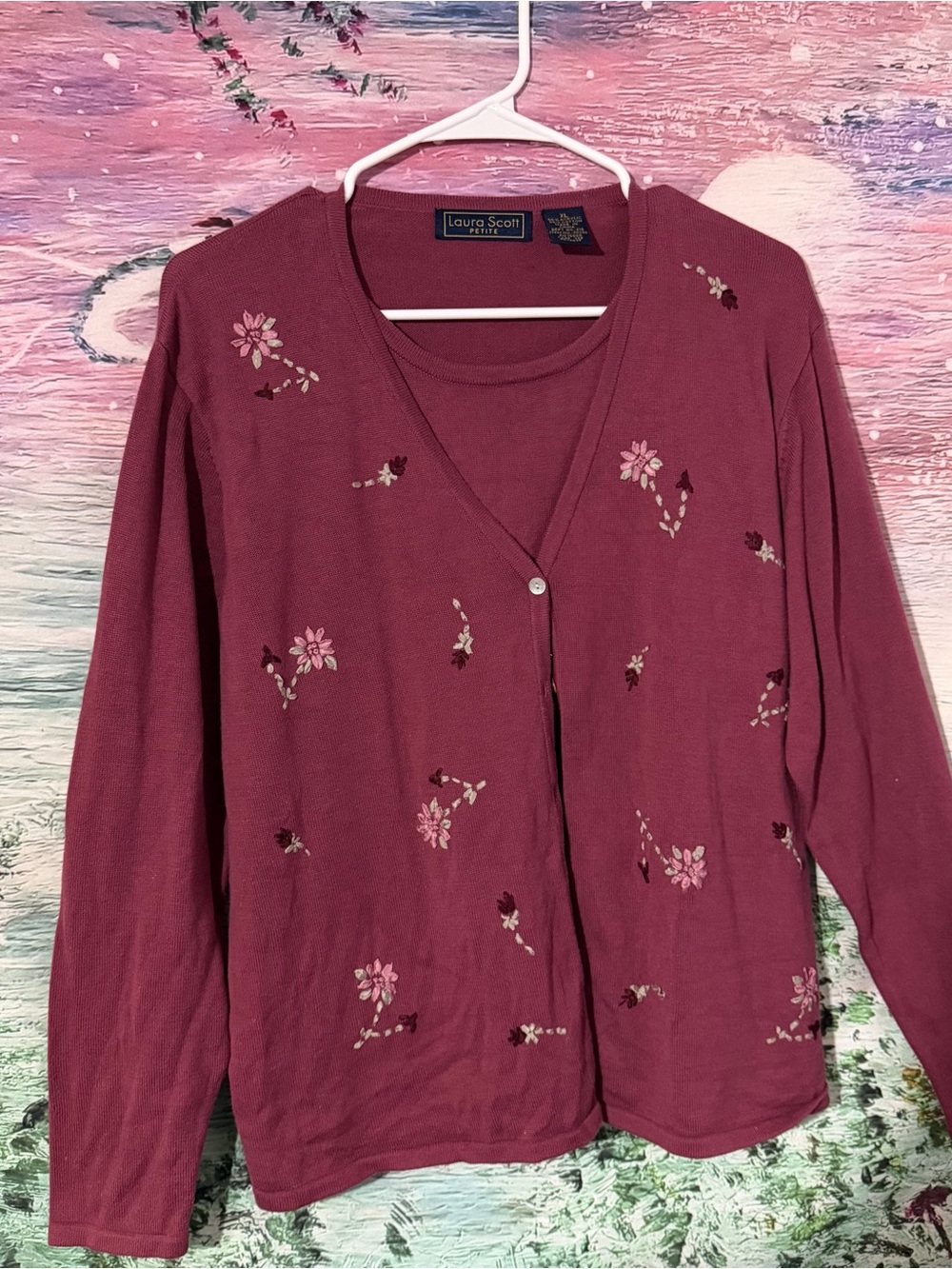 Laura Scott Women's Floral Embroidered V-Neck Cardigan - Mauve
